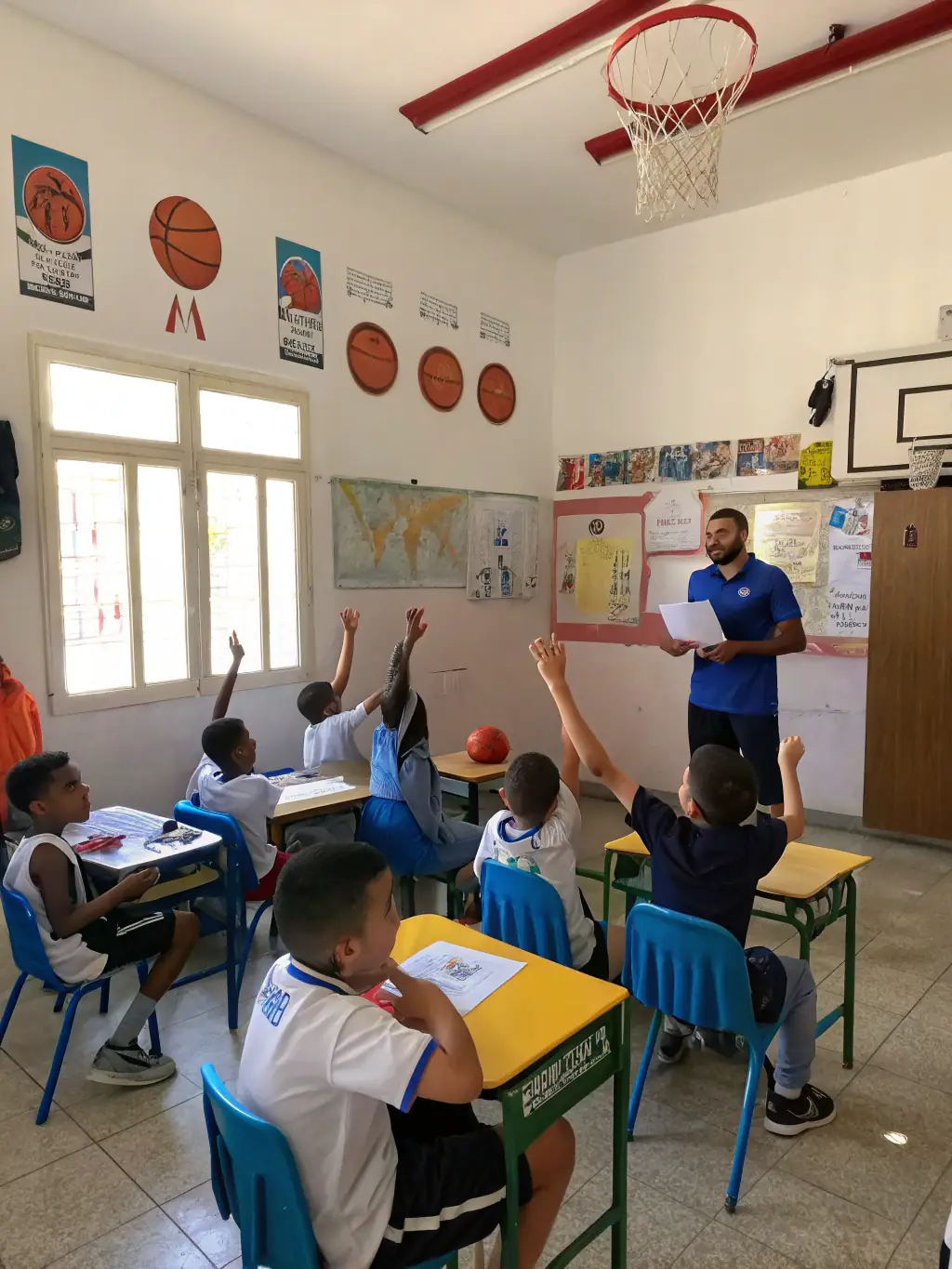 Students learning about sports strategy and tactics in a classroom setting, emphasizing the importance of sports education.