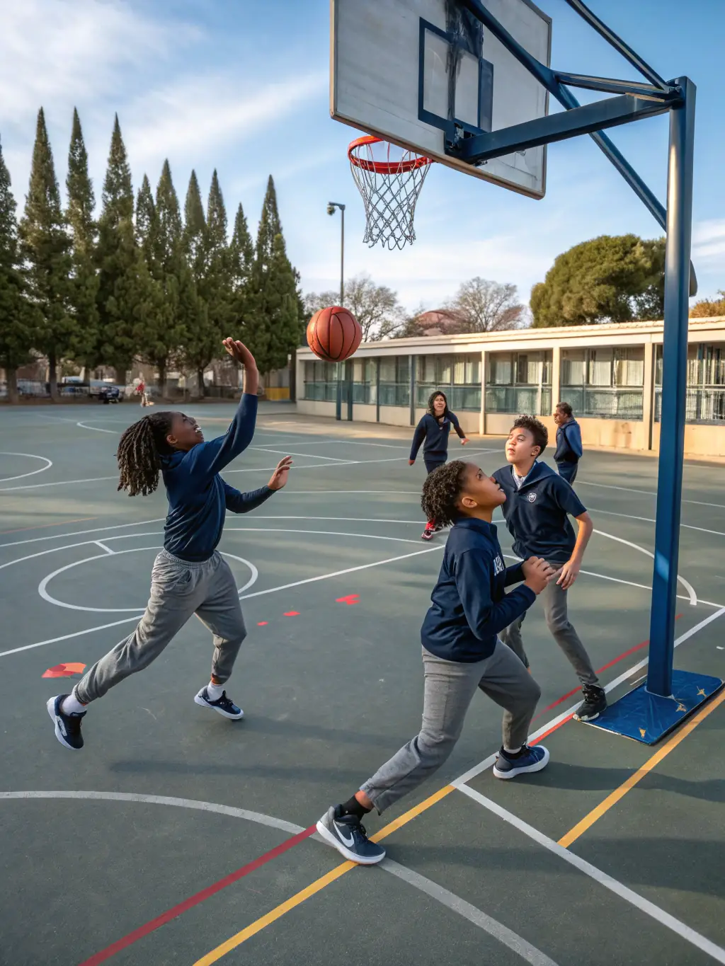 A group of students enthusiastically playing basketball in a school gymnasium, focusing on teamwork and skill development.