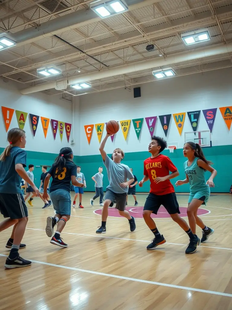 Action shot of students playing basketball in the school gymnasium, showcasing teamwork and athletic skill during an ASS SPORTIVE LES CARDABELLES basketball program.