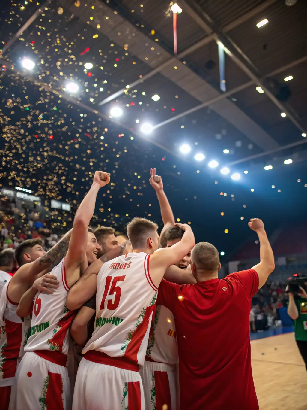 A group of students celebrating a victory after a basketball game, showcasing teamwork and sportsmanship.